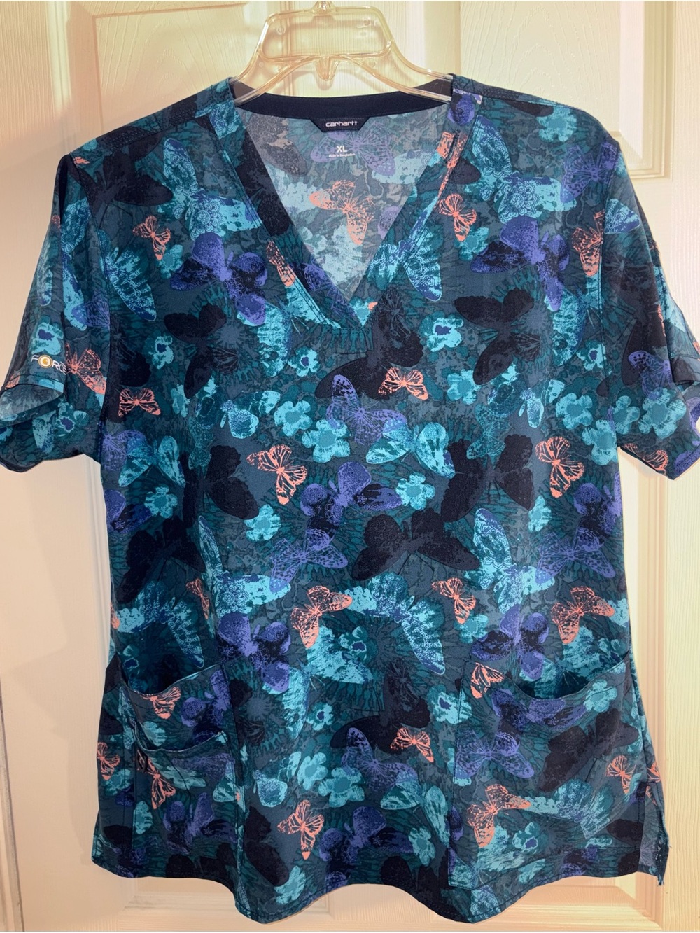 Carhartt Teal and Coral Butterfly Floral V-Neck Scrub Top